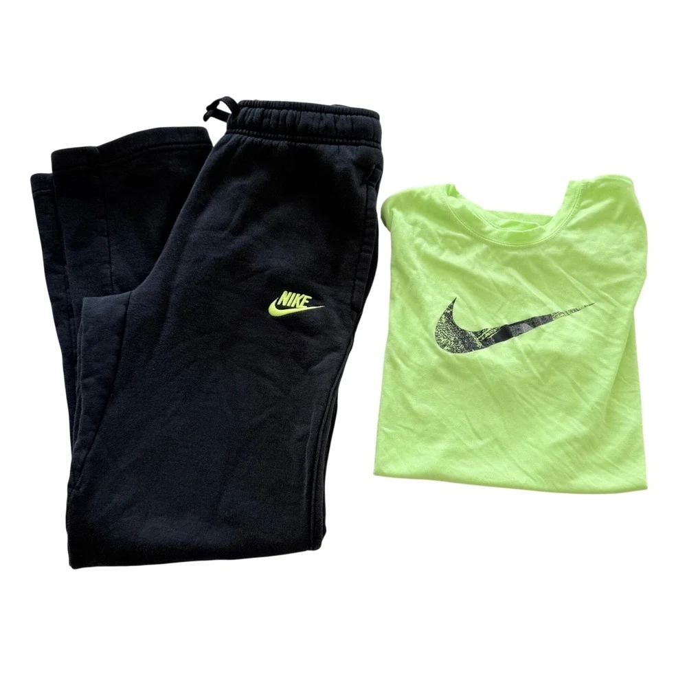Nike Activewear Lot of 2 Kids Large L Green Black Dri-FIT Shirt Fleece Pants 2pc